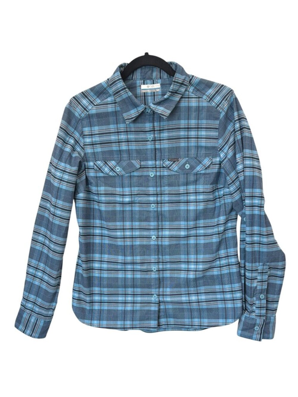 Columbia Omni-wick Plaid Long Sleeve Shirt Womens Medium Blue and White